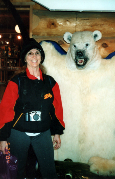 Karen Duquette and a stuffed polar bear